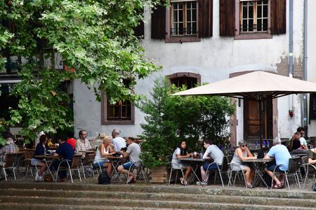 Strasbourg, France - july 22 2016 : restaurant in the picturesque city center in summerのeditorial素材