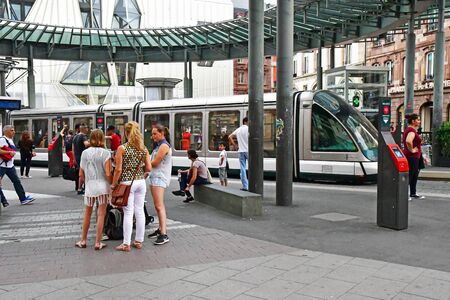 Strasbourg, France - july 22 2016 : tramway stop l Homme de Fer square in the picturesque city center in summerのeditorial素材
