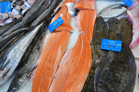 Pornichet, France - april 16 2017 : a fish shop at the covered marketのeditorial素材