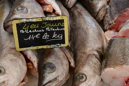 Courseulles sur Mer, France - april 22 2018 : pollock at the fish marketのeditorial素材