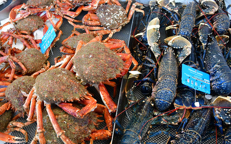 Pornichet, France - april 16 2017 : lobsters and spider crabs at the covered marketのeditorial素材