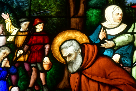 Vigny , France - april 4 2018 : the neogothic church windowのeditorial素材