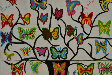 Les Mureaux; France - march 22 2018 : painted wall  by childen near Jules Ferry schoolのeditorial素材