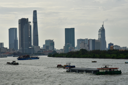Ho Chi Minh City, Saigon, Socialist Republic of Vietnam - august 16 2018 : boat on Saigon riverのeditorial素材