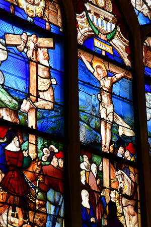 Montfort L Amaury; France - may 1 2018 : stained glass window of the historical renaissance churchのeditorial素材