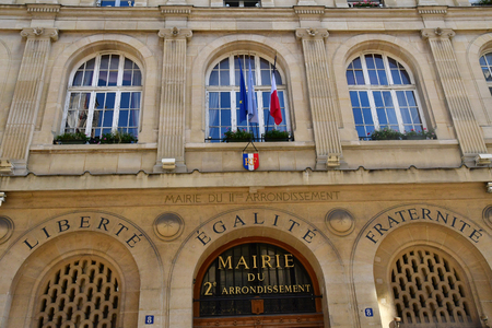 Paris; France - april 2 2018 : city hall of the second arrondissement in the rue de la Banqueの写真素材
