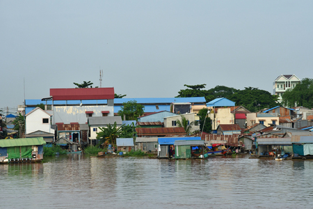 Phnom Penh; Kingdom of Cambodia - august 21 2018 : riverside view from a boatのeditorial素材