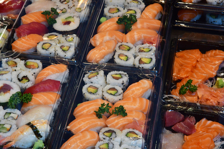 Paris; France - april 2 2017 : sushi and maki japanese restaurant in the Notre Dame districtのeditorial素材