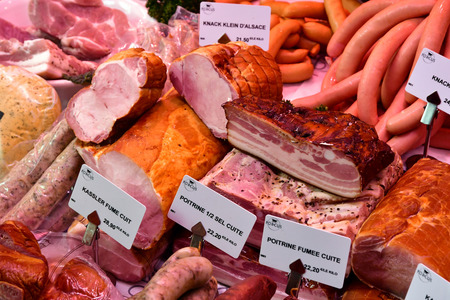 Strasbourg; France - march 3 2017 : stall of cooked meat in a delicatessenのeditorial素材