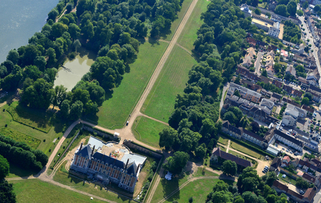Rosny sur Seine, France - july 7 2017 : aerial photography of the classical castle and the cityのeditorial素材