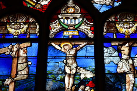 Montfort L Amaury; France - may 1 2018 : stained glass window of the historical renaissance churchのeditorial素材