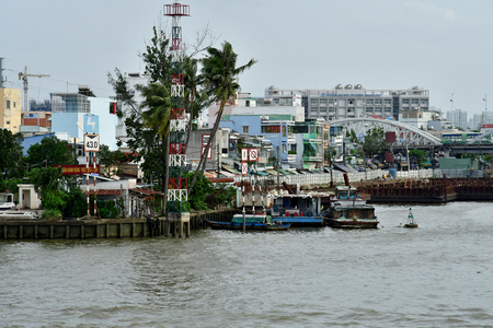 Ho Chi Minh City, Saigon, Socialist Republic of Vietnam - august 16 2018 : boat on Saigon riverのeditorial素材