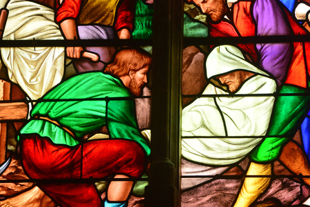 Pontoise, France - july 26 2017 : the Saint Maclou cathedral stained glass windowのeditorial素材