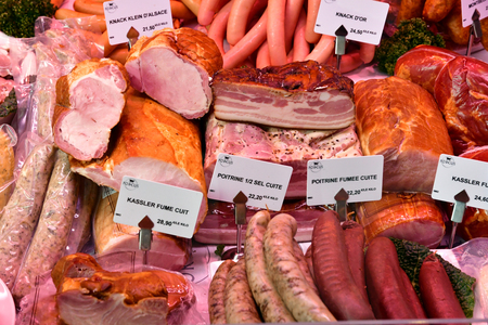 Strasbourg; France - march 3 2017 : stall of cooked meat in a delicatessenのeditorial素材