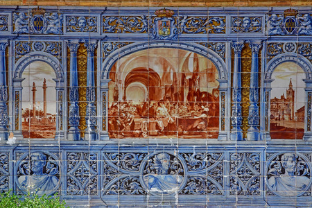 Sevilla; Spain - august 28 2019 : azulejos in the Plaza de Espana built in 1929のeditorial素材