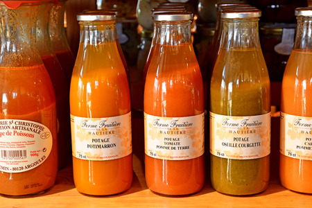 Jouy en josas; France - june 1 2019 : vegetable soup at the farmhouse market in the Viltain farmのeditorial素材