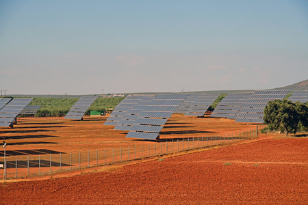 Sevilla; Spain - august 27 2019 : big field of photovoltaics cells in the Sevilla aeraのeditorial素材