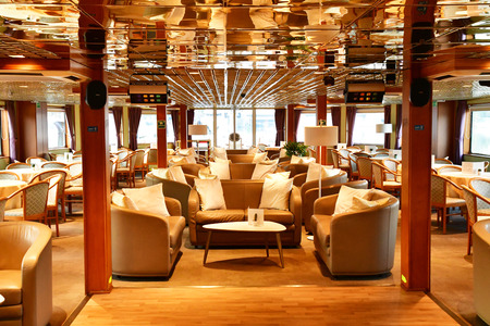 Sevilla; Spain - august 27 2019 : the lounge of a fluvial cruise boatのeditorial素材
