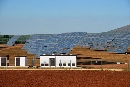 Sevilla; Spain - august 27 2019 : big field of photovoltaics cells in the Sevilla aeraのeditorial素材