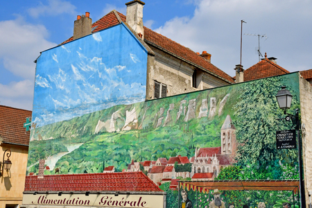 Vetheuil, France - april 16 2019 : fresco in the city centreのeditorial素材