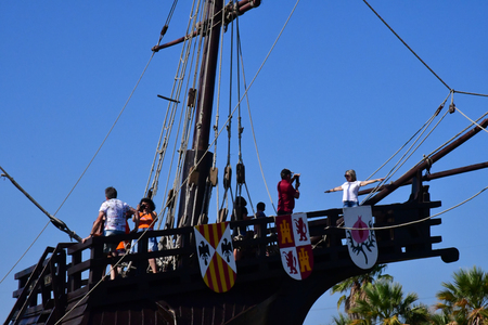 Palos de la Frontera; Spain - august 28 2019 : wharf of the caravels created in 1994のeditorial素材