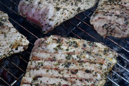 Saint Malo; France - july 28 2019 : salt meadow lamb on a barbecue, lamb of Mont Saint Michel bayのeditorial素材