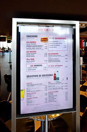 Orly; France - august 22 2019 : restaurant menu in the Paris Orly airport