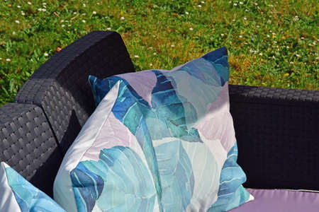 Verneuil sur Seine; France - april 20 2020 : garden furniture with cushionsのeditorial素材