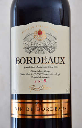 Paris; France - april 22 2020 : a bottle of Bordeaux