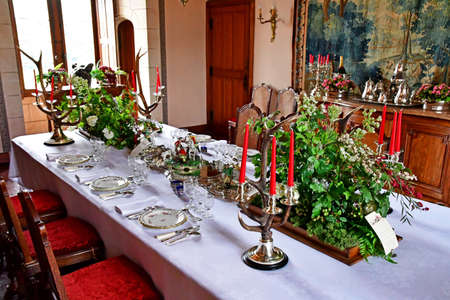 Cere la Ronde, France - july 15 2020: the dining room of the medieval castle of Montpouponのeditorial素材