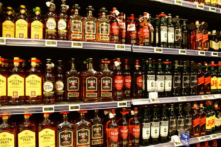 Poissy; France - june 11 2020: bottles of whiskey in a supermarketのeditorial素材