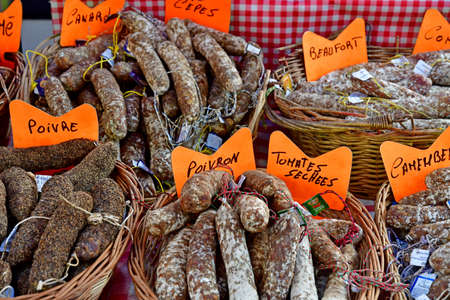 Honfleur; France - august 18 2020: dried sausages at the marketのeditorial素材