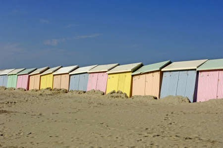 Berck, France - April 3 2017: the colored beach hutsのeditorial素材