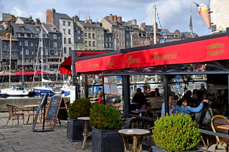 Honfleur; France - august 18 2020: restaurant near in the portのeditorial素材