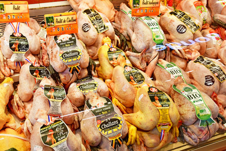 Tours; France - july 11 2020: chiken of Challans at the marketのeditorial素材