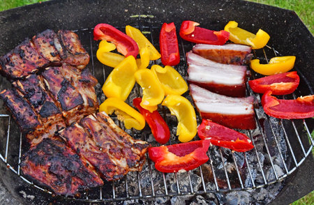 Le Tour du Parc, France - june 6 2021: pork and sweet peppers on a barbecueのeditorial素材