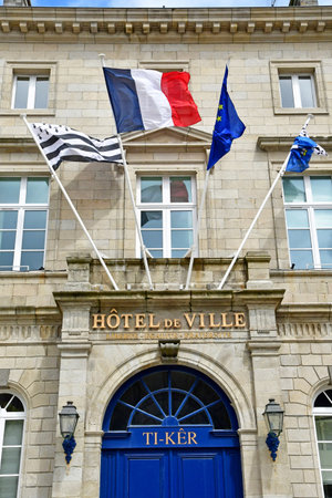 Quimper, France - May 16 2021: the city hall in the picturesque old city centerのeditorial素材