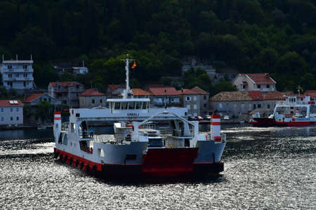 Kotor; Montenegro - September 13 2021: ferry in the Kotor bayのeditorial素材