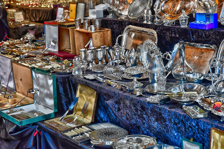 Dives sur Mer; France - November 27 2021: a flea market in the old covered marketのeditorial素材