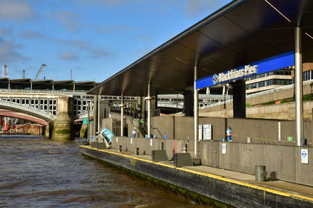 London; England - October 21 2021: the Blackfriars Pier on the Thames riverのeditorial素材