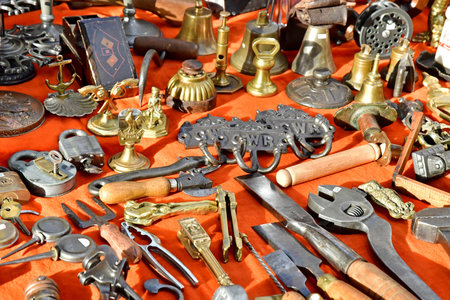 London; England - October 21 2021: old tools in the covered market in the City of Greenwichの写真素材