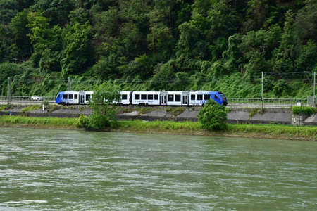 Rhine Valley; Germany- August 11 2021: train in the valley of medieval castlesのeditorial素材
