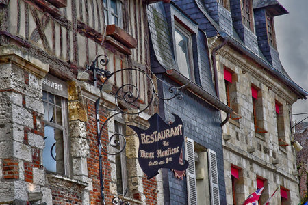 Honfleur; France - September 27 2019: restaurant in the city centerのeditorial素材