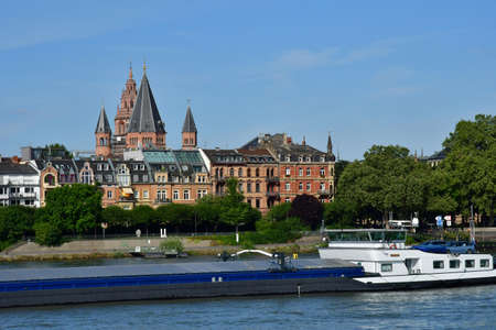 Mainz; Germany- August 11 2021: the city seen from the Rhine