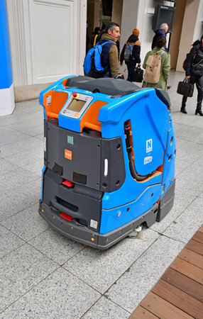 Paris; France - April 19 2022: robo cleaner in the Paris Saint Lazare station