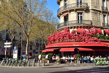 Paris; France - April 27 2023: the boulevard Haussmannのeditorial素材