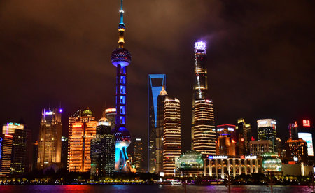 Shanghai; China - November 6 2024: the business district of Lujiazui seen from the Bund