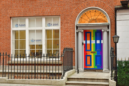Dublin, Ireland - September 15 2022: a multi-colored door in the picturesque city center