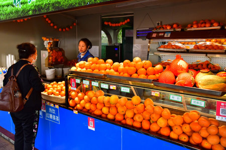 Sandouping; China - November 6 2024: orange shop in the Three Gorges Dam siteのeditorial素材