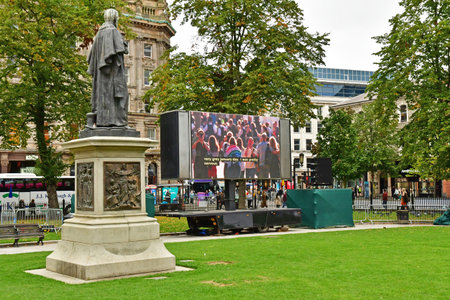 Belfast; Northern Ireland - September 15 2022: funeral ceremony on TV in the City hall parkのeditorial素材